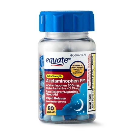 (2 pack) Equate Extra Strength Acetaminophen PM Rapid Release Gel Caps, 500 mg, 80 Count, 2 Pack