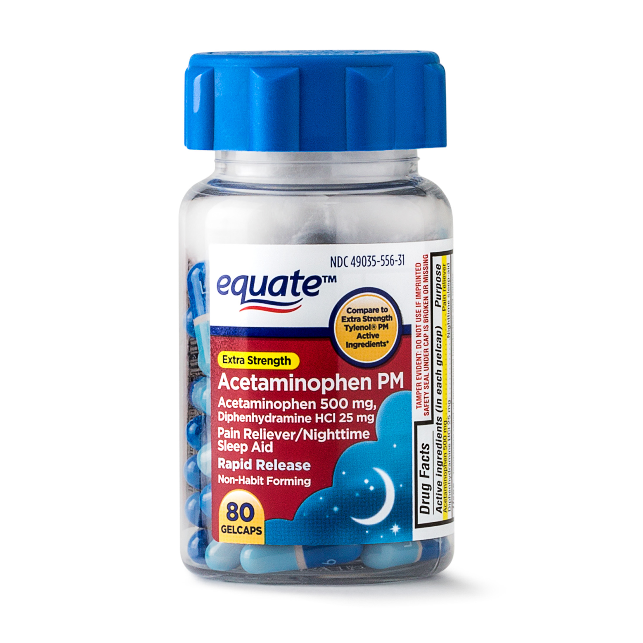 Equate Extra Strength Acetaminophen PM Pain Reliever/Sleep Aid Rapid Release Gel Caps, 500 mg, 80 Count - image 1 of 7