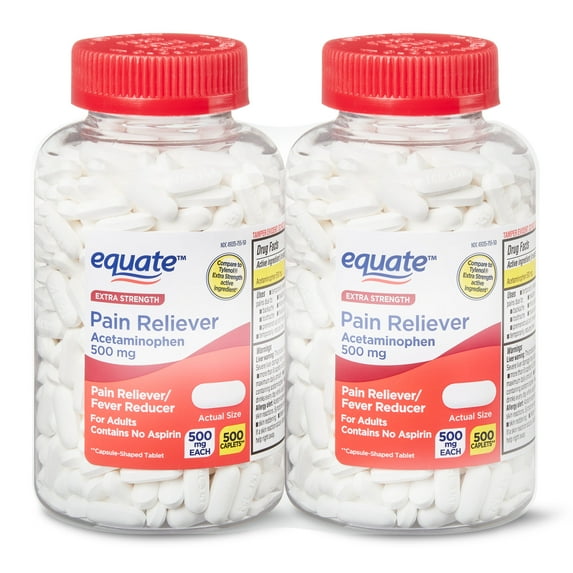 Equate Extra Strength Acetaminophen Pain Reliever Caplets, 500 mg, 1000 Count, 2 Pack
