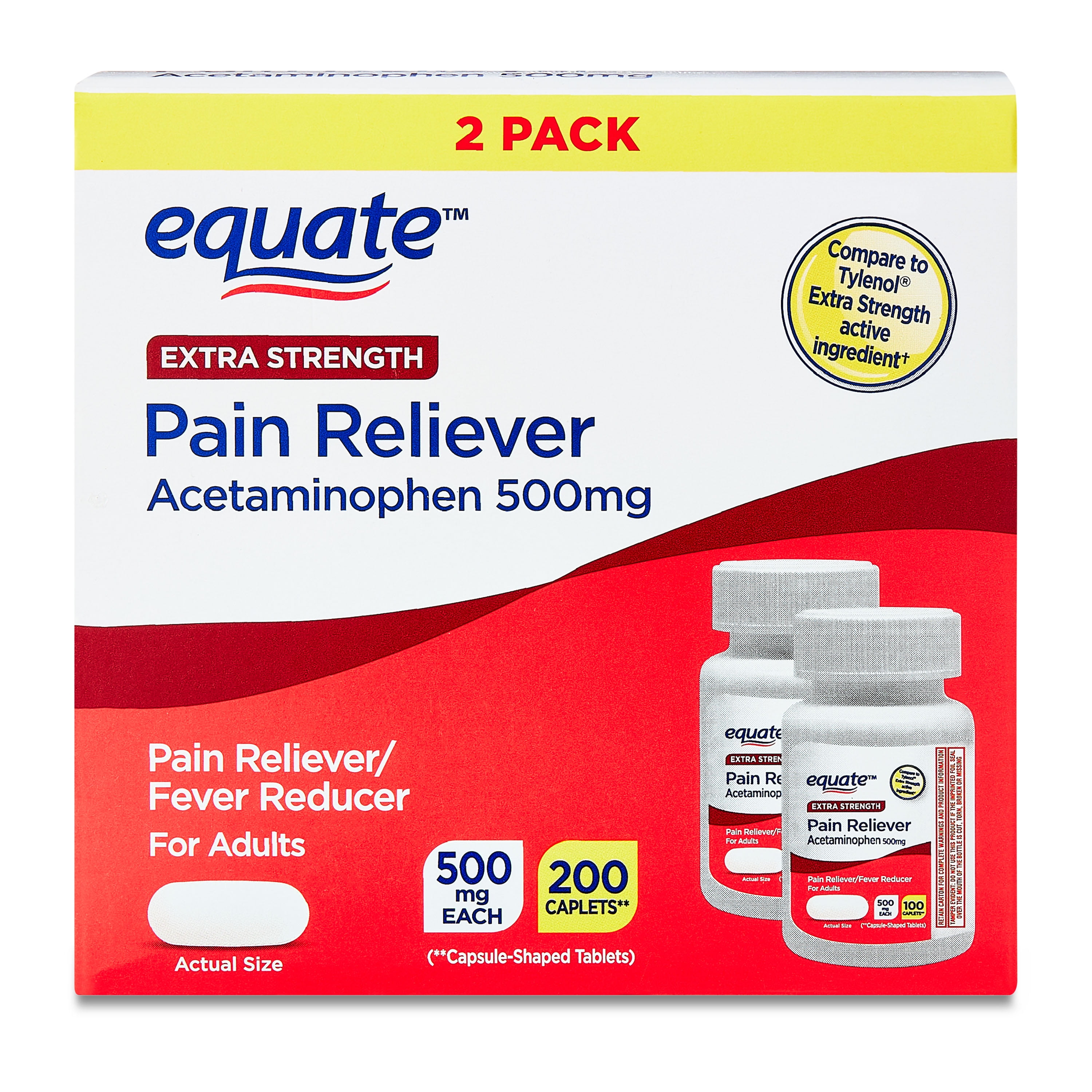 Equate Extra Strength Acetaminophen Pain Reliever Caplets, 500mg, 200 Count (2x100 Count), Compare to Tylenol Extra Strength Active Ingredient