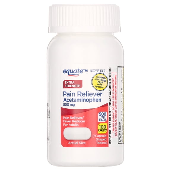 Equate Extra Strength Pain Reliever Acetaminophen Caplets, 500mg, Pain Reliever/Fever Reducer, 100 Count