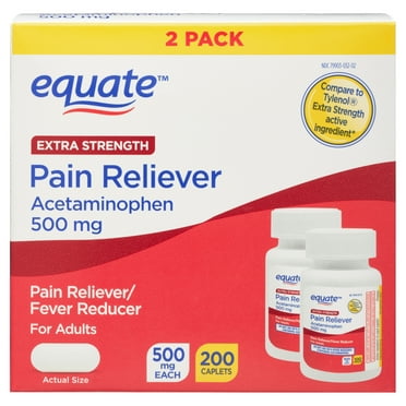 Equate Extra Strength Pain Reliever Acetaminophen Caplets, 500mg, Pain Reliever/Fever Reducer, 200 Count (2x100 Count), Compare to Tylenol® Extra Strength Active Ingredient