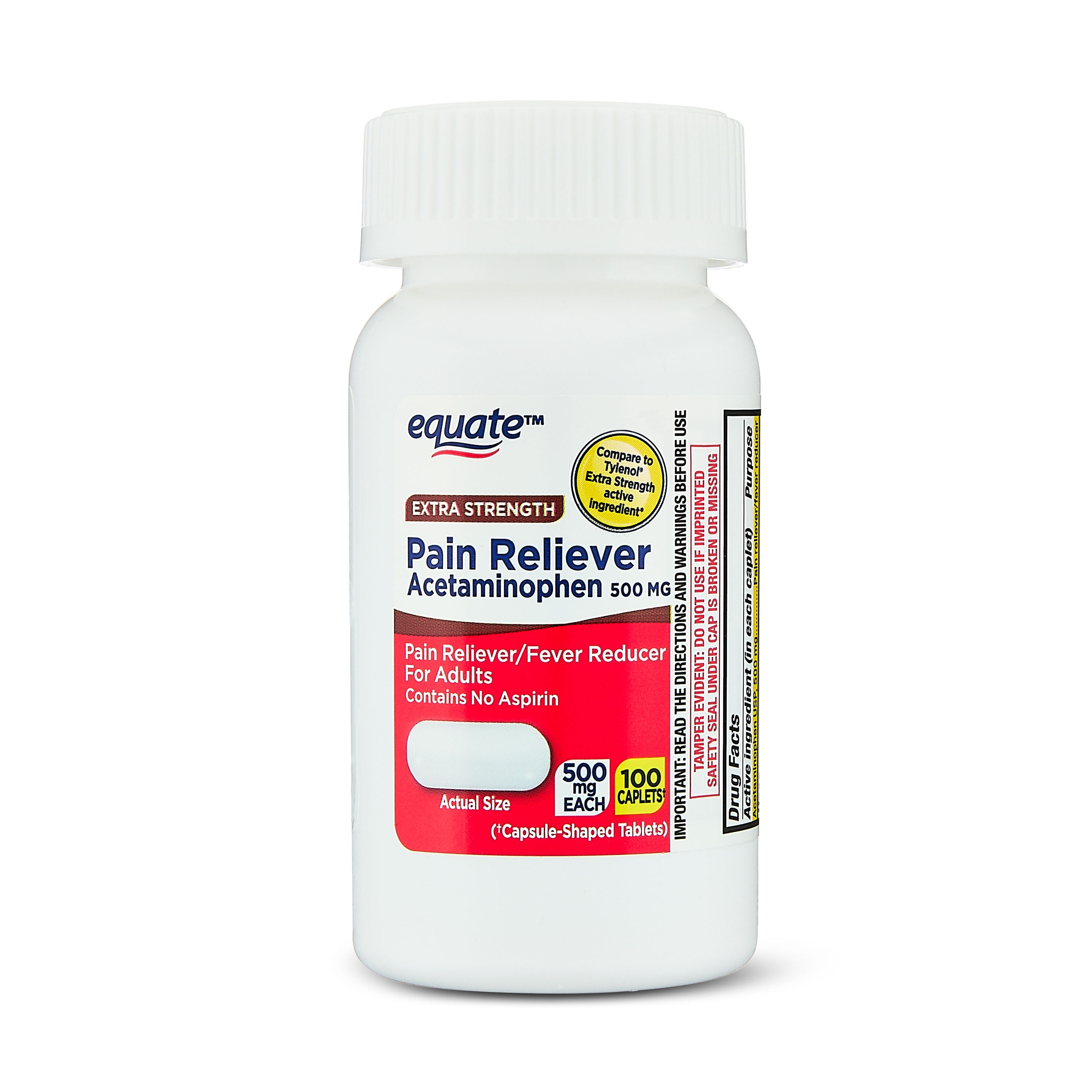 Equate Extra Strength Pain Reliever Acetaminophen Caplets, 500mg, Pain Reliever/Fever Reducer, 100 Count, Compare to Tylenol Extra Strength Active Ingredient