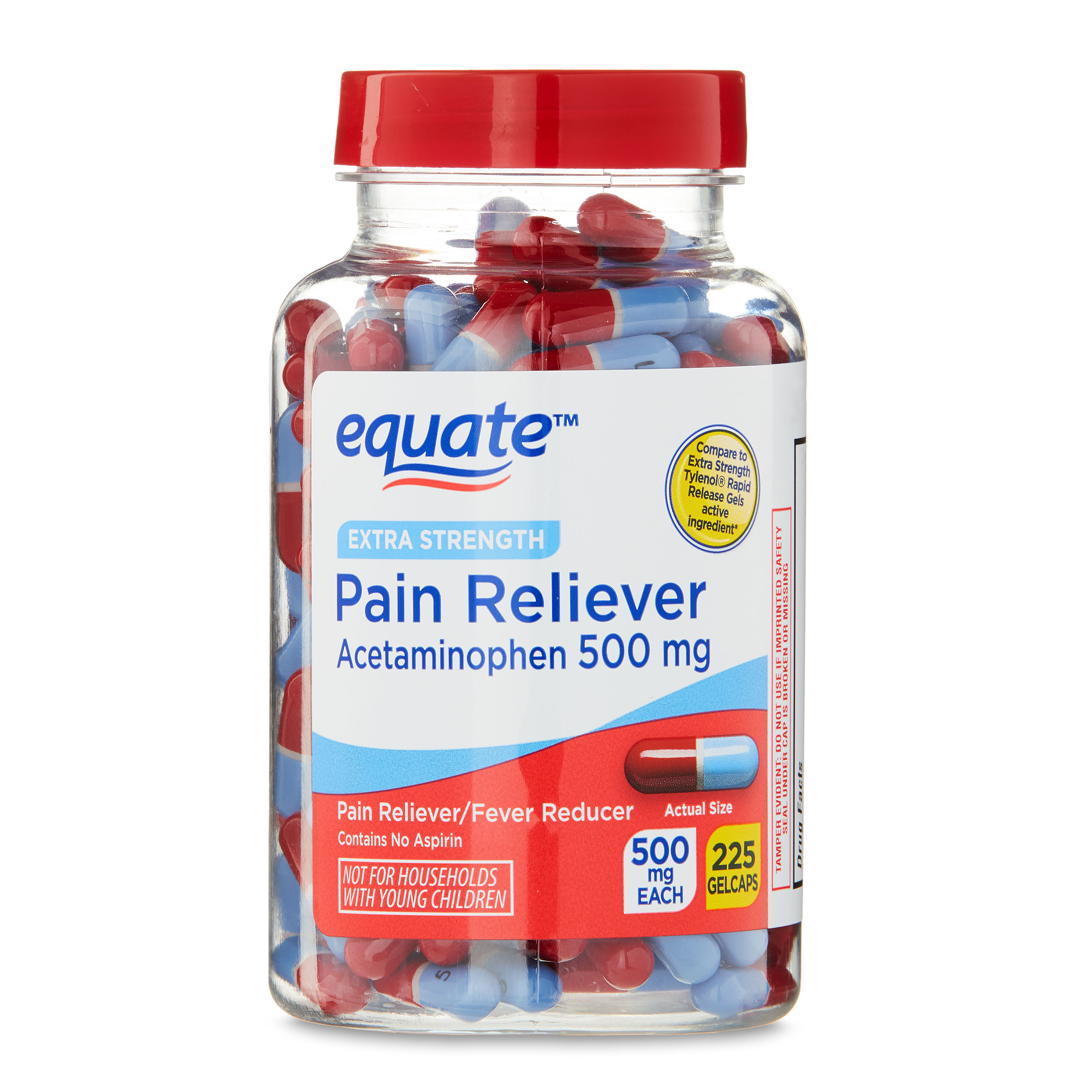 Equate Extra Strength Acetaminophen Pain Reliever Gelcaps, 500 mg, 225 Count - image 1 of 9