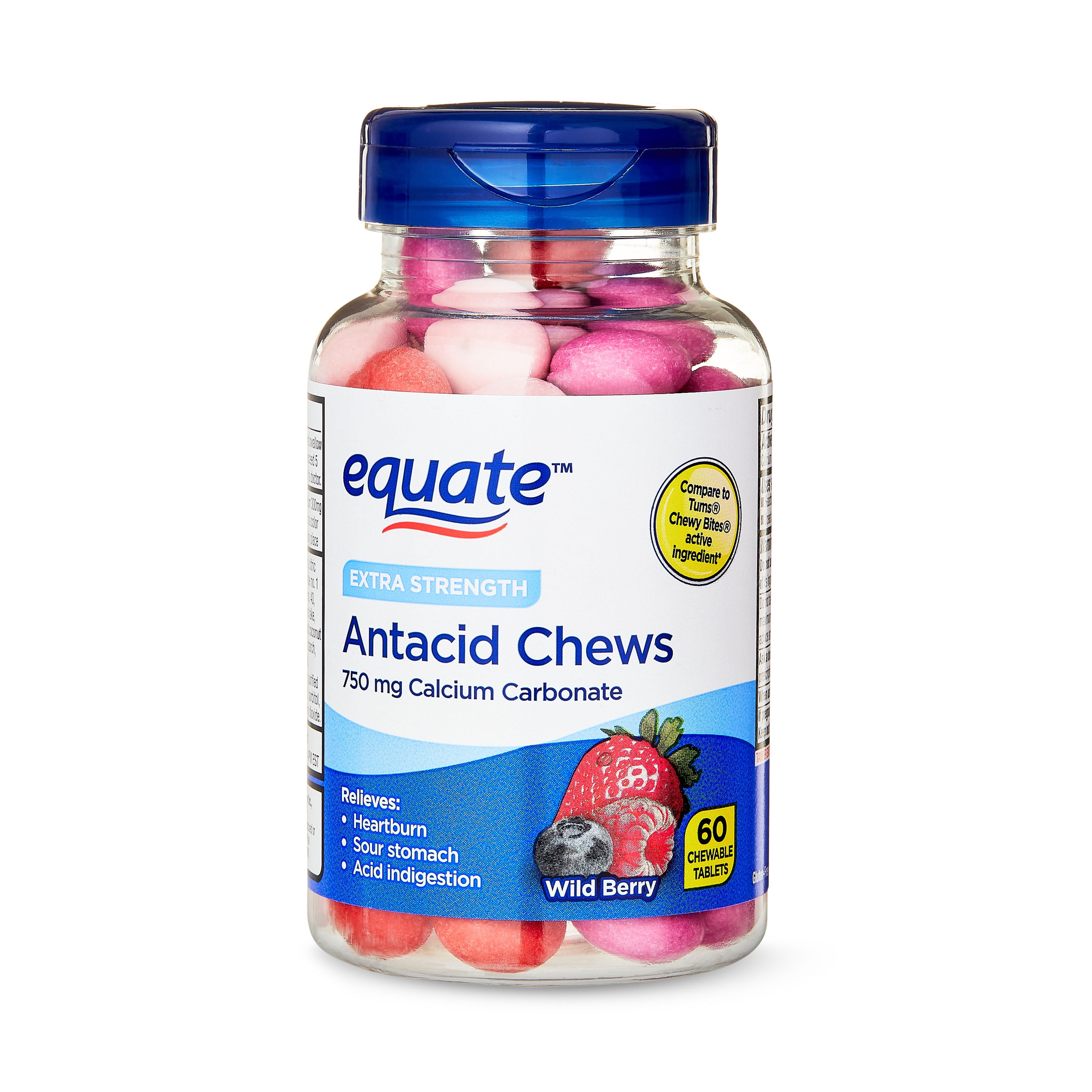 Equate Extra Strength Antacid Chews, Wild Berry, 750 mg, 60 Count