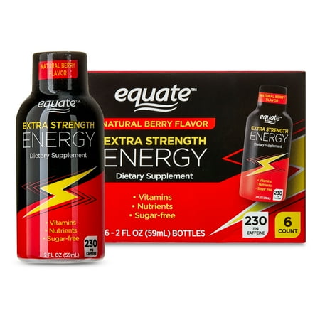 Equate Extra Strength Energy Dietary Supplement, Caffeine 230mg, Berry Flavor, 6 Pack