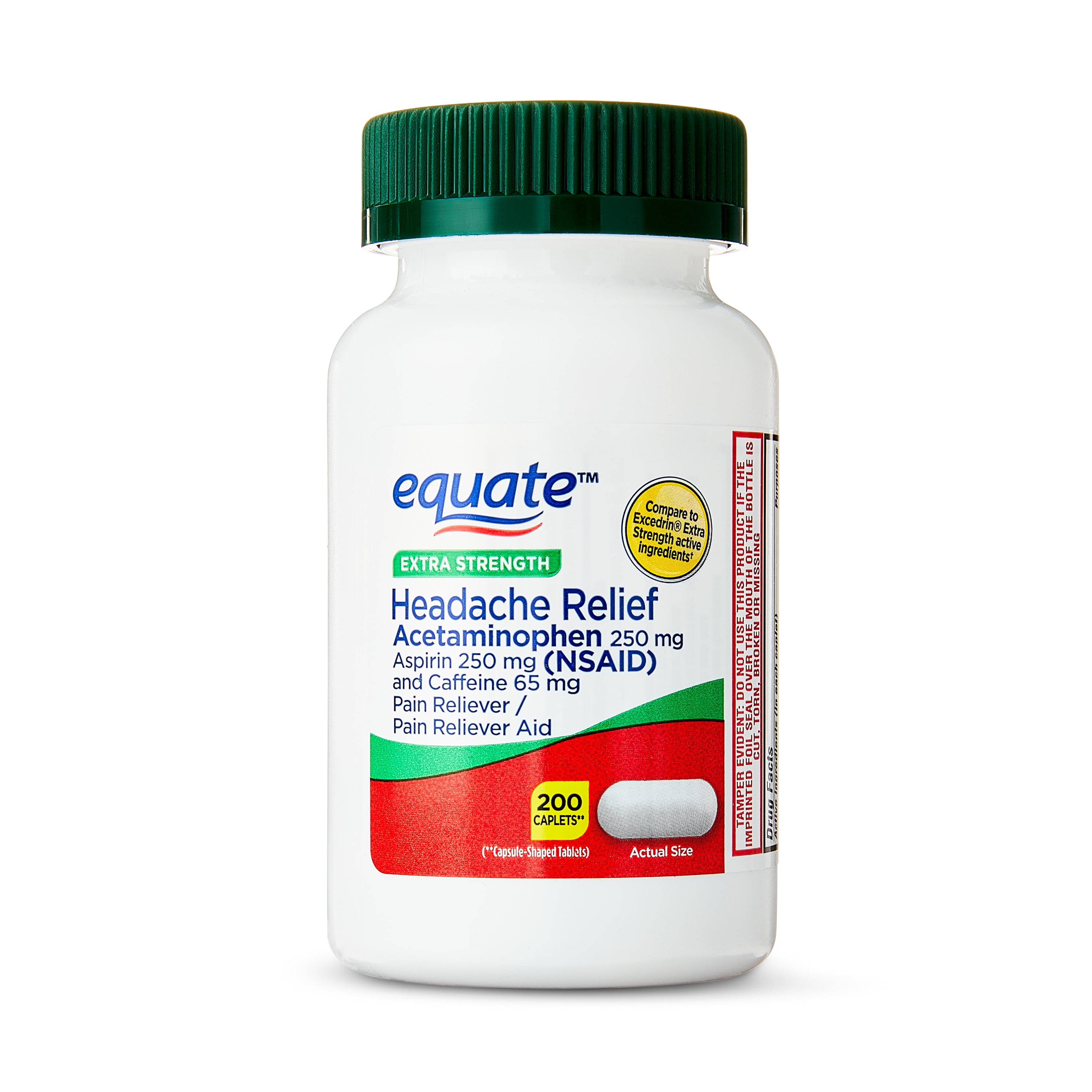 Equate Extra Strength Headache Relief Acetaminophen, Aspirin, and Caffeine Caplets, 200 Count, Compare to Excedrin Extra Strength Caplets Active Ingredients