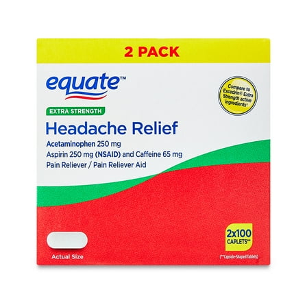 Equate Extra Strength Headache Relief Acetaminophen, Aspirin, and Caffeine Caplets, 200 Count (2x100 Count), Compare to Excedrin® Extra Strength Caplets Active Ingredients