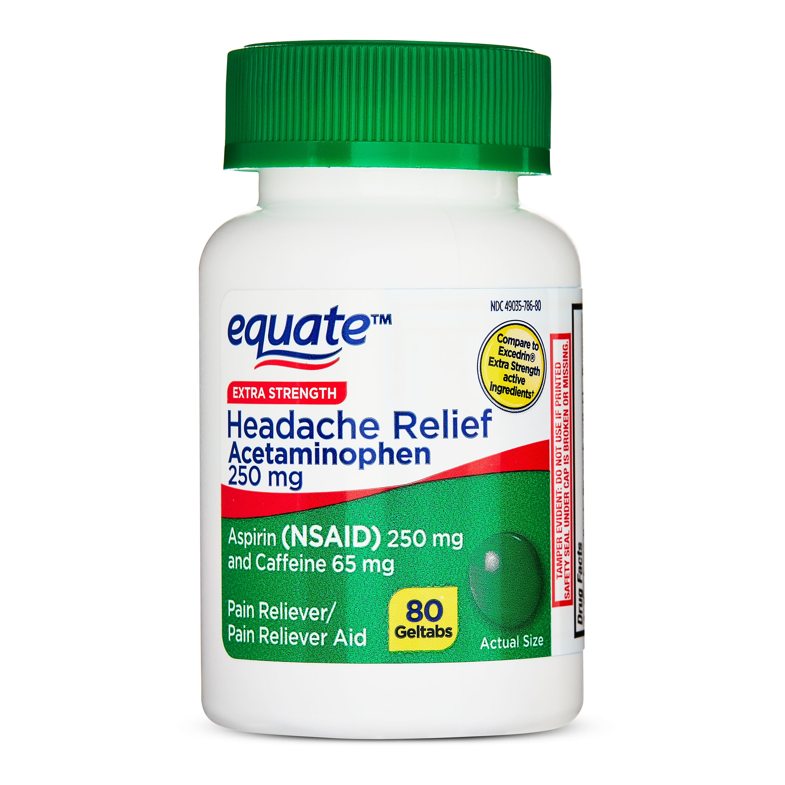 Equate Extra Strength Headache Relief Acetaminophen, Aspirin, and Caffeine Geltabs, 80 Count, Compare to Excedrin Extra Strength Active Ingredients