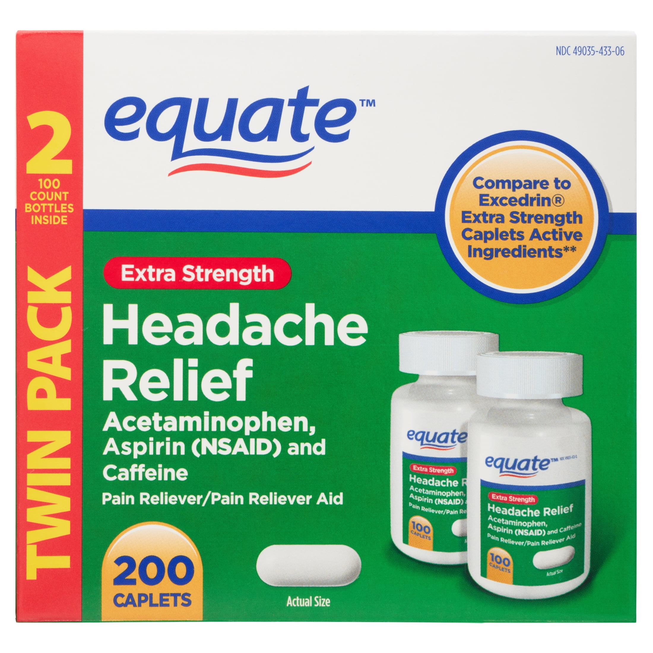 Equate Extra Strength Headache Relief Pain Reliever Caplets, 250 mg, 100 Ct, 2 Pk