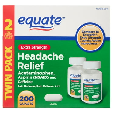 Equate Extra Strength Headache Relief Pain Reliever Caplets, 250 mg, 100 Ct, 2 Pk