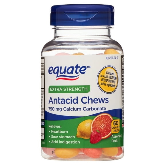 Equate Extra Strength Heartburn + Antacid Relief Chews, Assorted Fruit, 60 Chewable Tablets