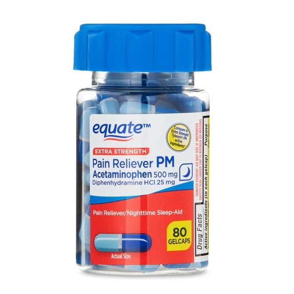 Equate Extra Strength Pain Reliever PM Caplets, Acetaminophen 500 mg, Diphenhydramine HCL 25 mg, 80 Count
