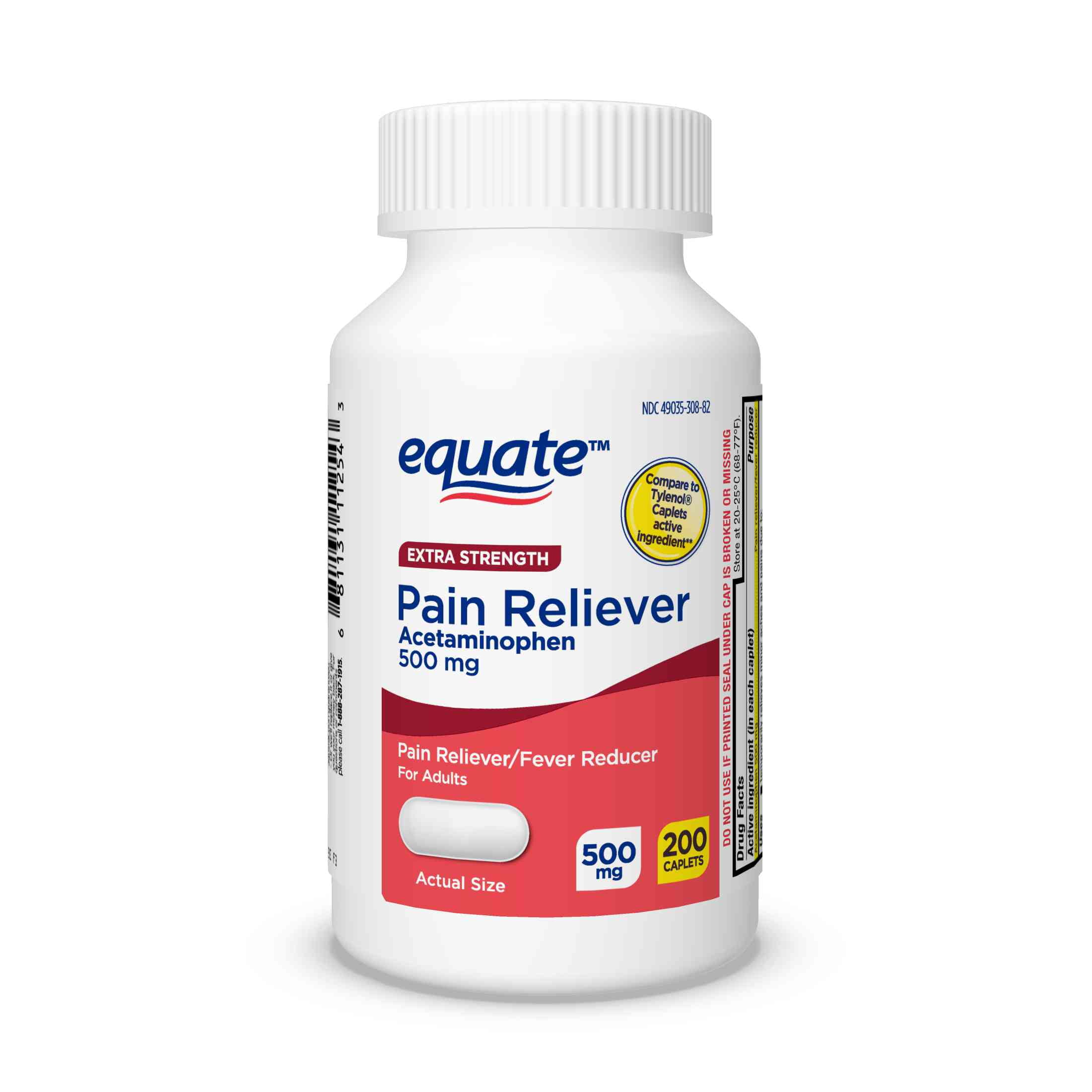Equate Extra Strength Pain Reliever Acetaminophen 500mg Caplets, Fever Reducer, 200 Count, Compare to Tylenol Extra Strength Active Ingredient