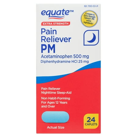 Equate Extra Strength Pain Reliever PM Acetaminophen 500mg and Diphenhydramine HCI 25mg Caplets, 24 Count, Compare to Tylenol® PM Extra Strength Active Ingredients