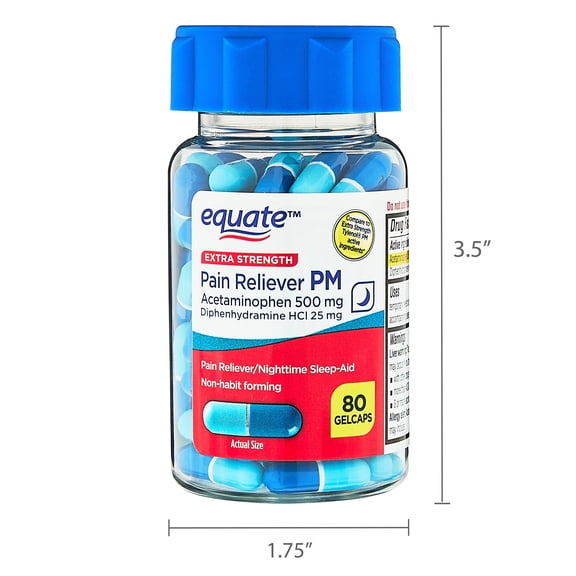 Equate Extra Strength Pain Reliever PM, Acetaminophen 500 mg & Diphenhydramine HCL 25 mg, 80 Gelcaps