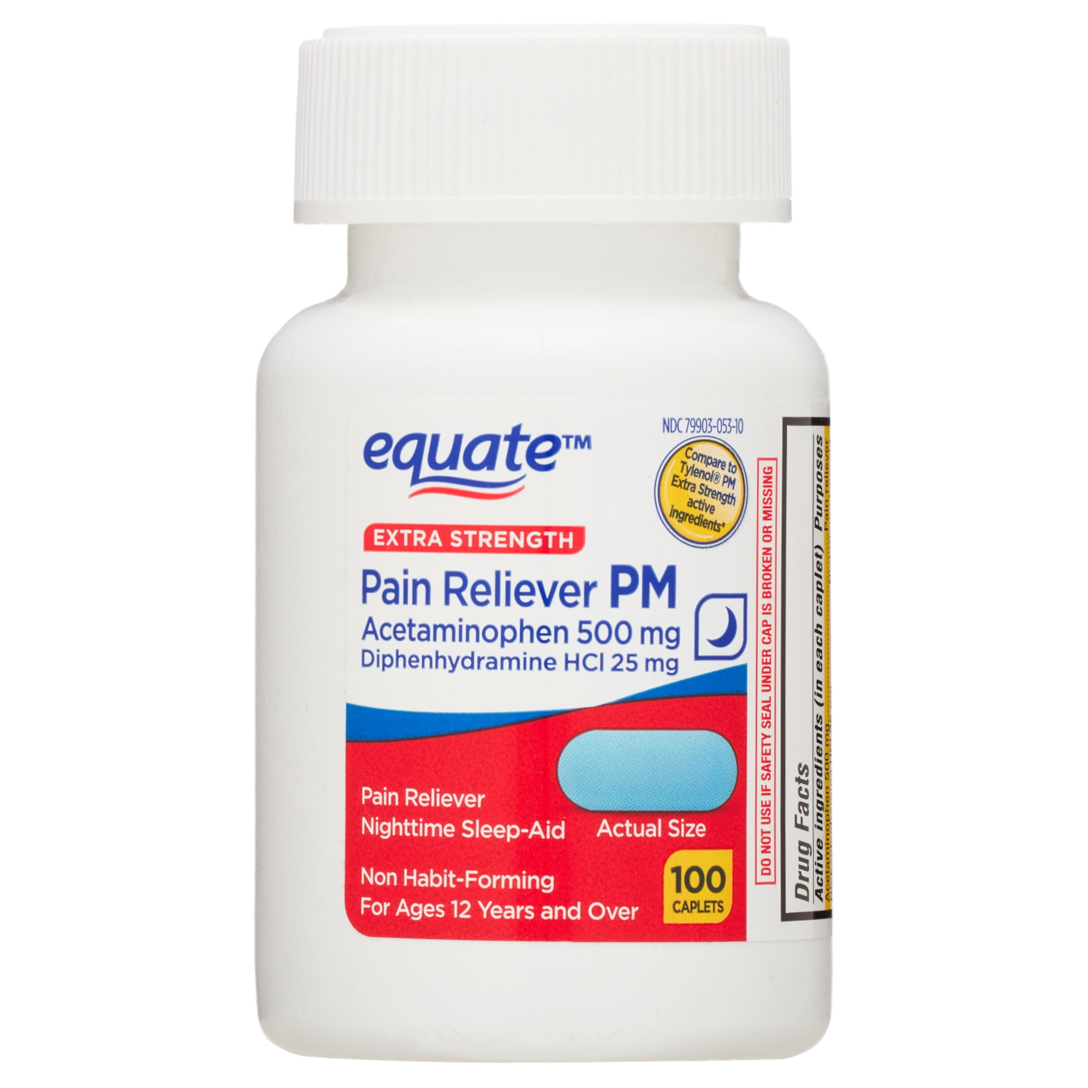 Equate Extra Strength Pain Reliever PM Acetaminophen 500mg and Diphenhydramine HCI 25mg Caplets, 100 Count
