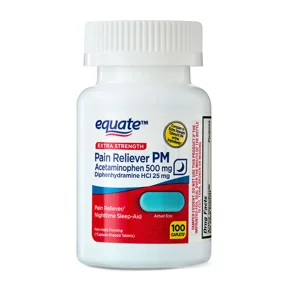 Equate Pain Relief Acetaminophen; Diphenhydramine HCI Sleep Acids Caplet for Body Aches and Pains Bottle, 500mg, 100 Count