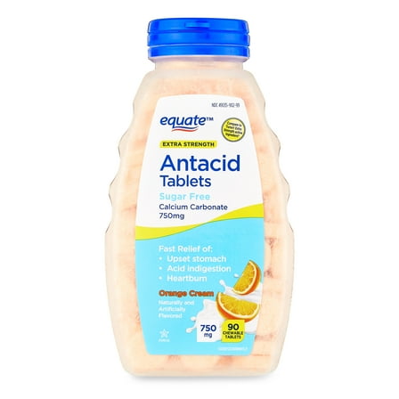 Equate Extra Strength Sugar-Free Antacid Orange Cream Chewable Tablets, 750 mg 90 Count, Compare to Tums® Extra Strength Active Ingredients