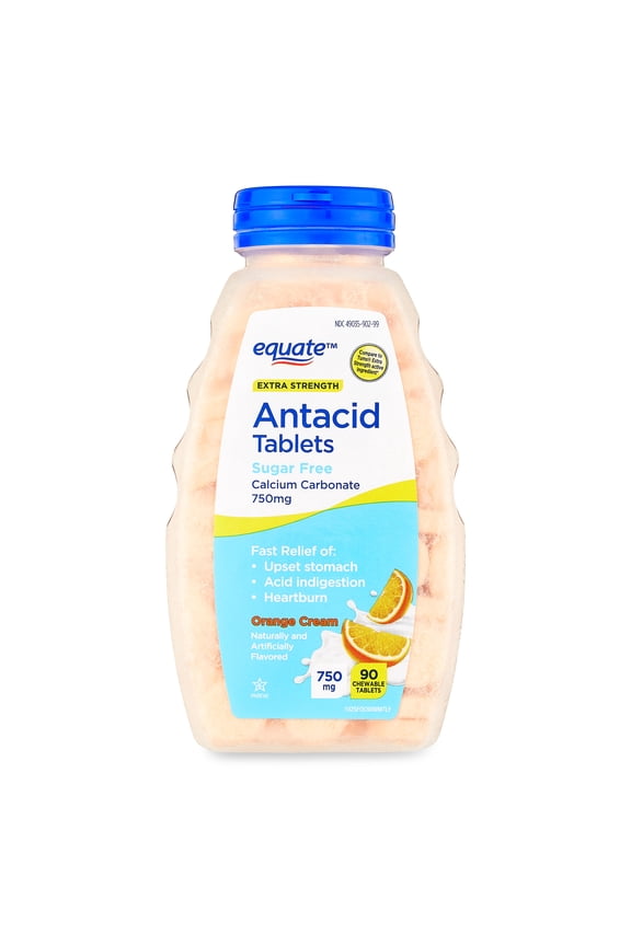 Calcium Carbonate Extra Strength Sugar-Free Chewable Antacid Tablets, Orange Cream, 750 mg, 90 Count