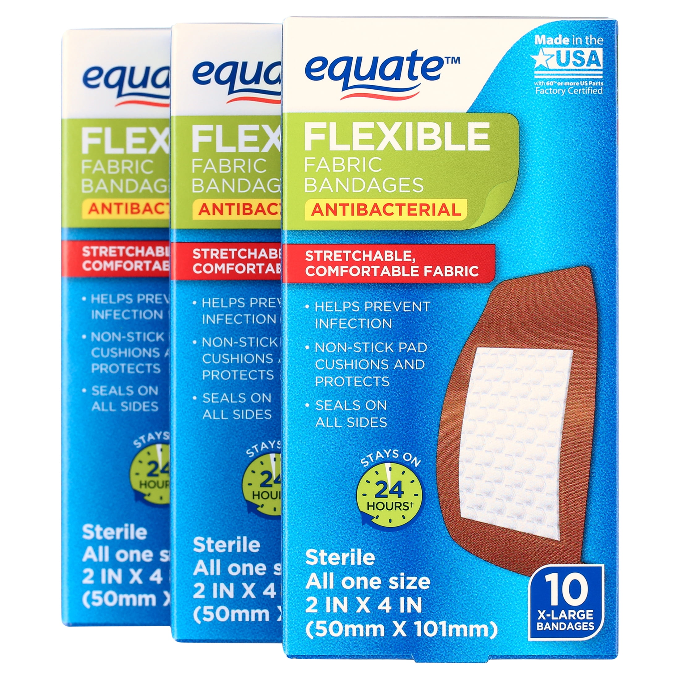 Equate Fabric Terra Cotta Antibacterial X-Large Bandages, 10 Count, 3 Pack