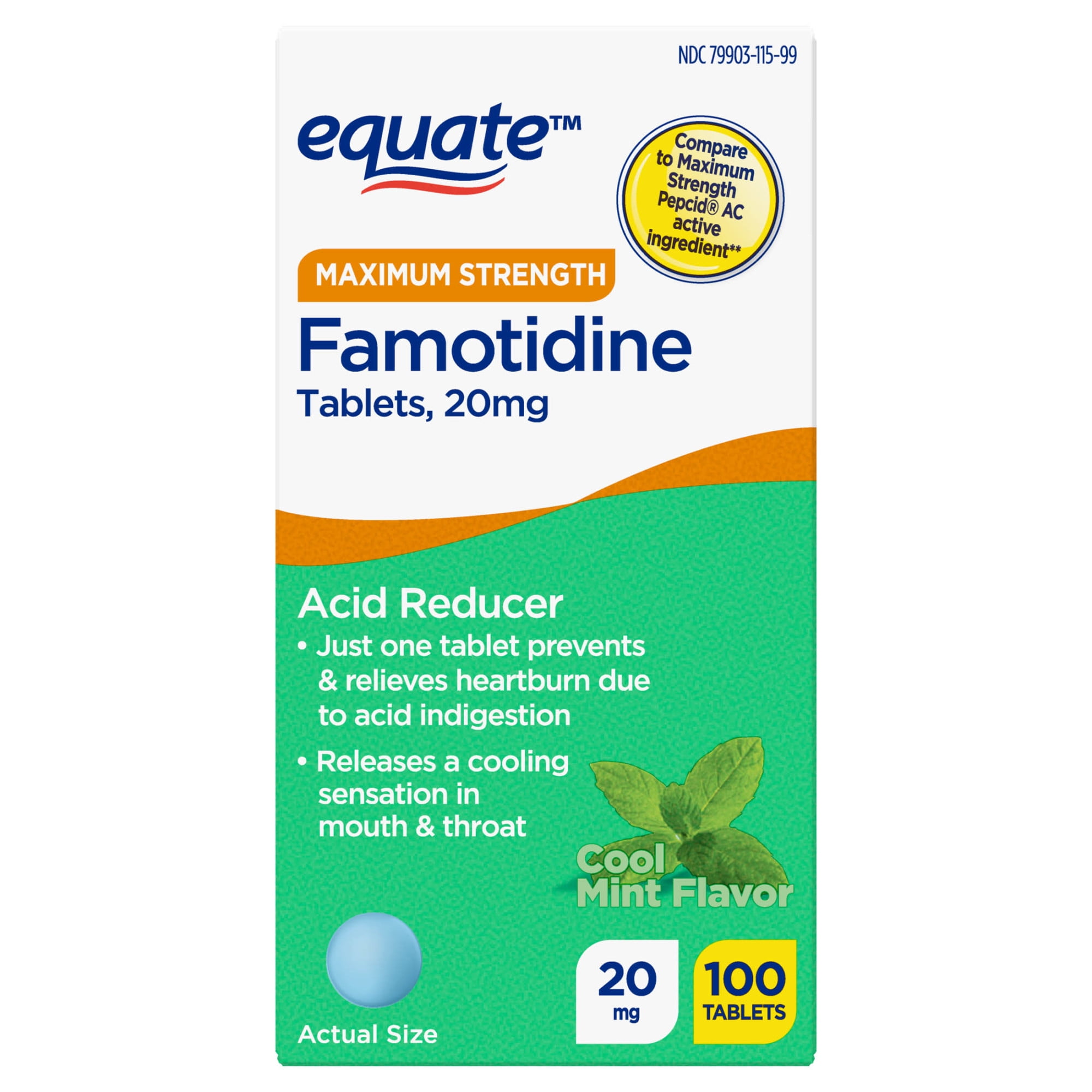 Equate Famotidine Tablets 20 mg, Cool Mint, for Heartburn, 100 Count