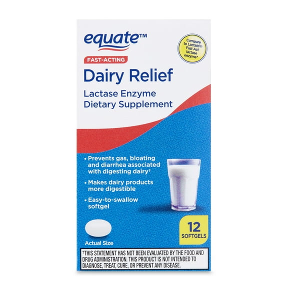 Equate Fast Acting Dairy Relief Lactase Enzyme Dietary Supplement, 12 Softgels