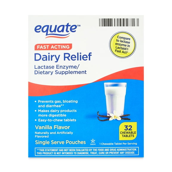 Equate Dairy Relief Fast Acting Lactase Enzyme Chewable Tablets, Vanilla Flavor, 32 Count, Compare to Lactaid Fast Act