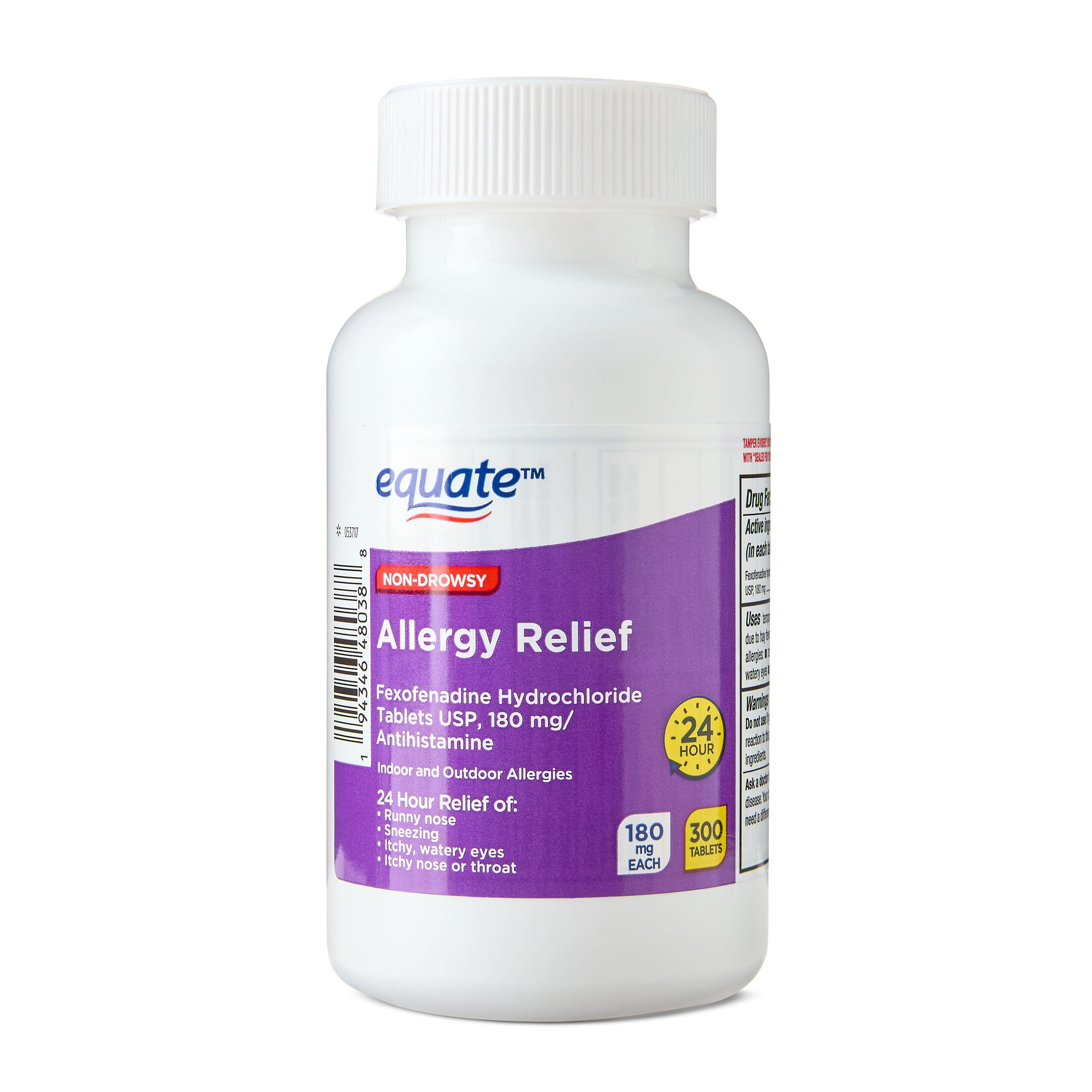 Equate Fexofenadine Hydrochloride USP Non-Drowsy Allergy Relief Tablets, 180 mg, 300 Count
