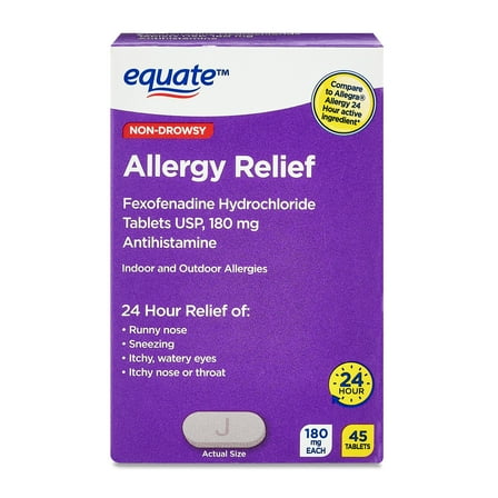 Equate Fexofenadine Hydrochloride USP Non-Drowsy Allergy Relief Tablets, 180 mg, 45 Count