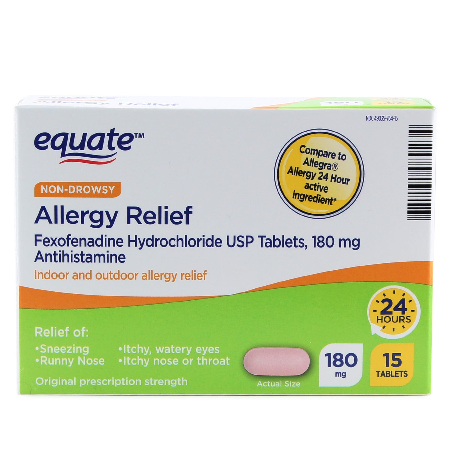 Equate Fexofenadine Allergy Relief Tablets, 180 mg, 15 Count