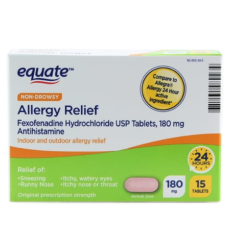 Equate Fexofenadine Allergy Relief Tablets, 180 mg, 15 Count