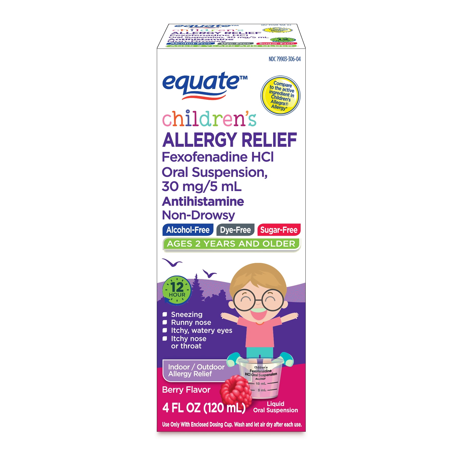 Equate Children's Allergy Relief Non-Drowsy Fexofenadine HCl Antihistamine Liquid Oral Suspension, Berry Flavor, 30 mg, 4 fl oz