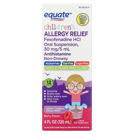 Equate Children's Allergy Relief Non-Drowsy Fexofenadine HCl Antihistamine Liquid Oral Suspension, Berry Flavor, 30 mg, 4 fl oz