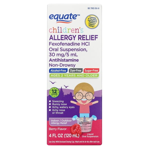 Equate Children's Allergy Relief Non-Drowsy Fexofenadine HCl Antihistamine Liquid Oral Suspension, Berry Flavor, 30 mg, 4 fl oz