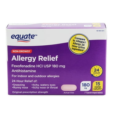 Equate Fexofenadine Hydrochloride USP Non-Drowsy Allergy Relief Coated Caplets, 180 mg, 15 Count
