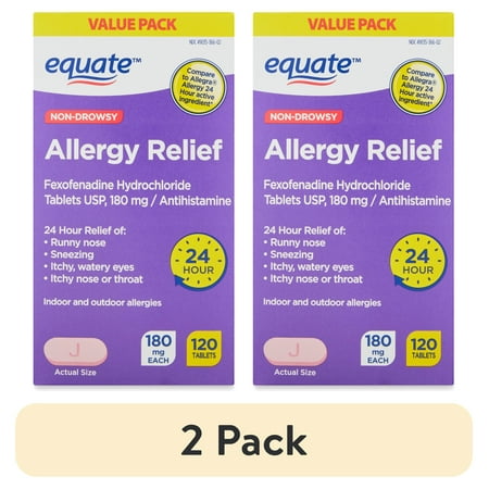 (2 pack) Equate Fexofenadine Hydrochloride USP Non-Drowsy Allergy Relief Tablets, 180 mg, 120 Count, Compare to Allegra® Allergy 24 Hour Active Ingredient