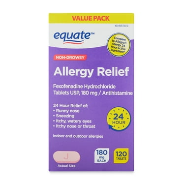 Equate Fexofenadine Hydrochloride USP Non-Drowsy Allergy Relief Tablets, 180 mg, 120 Count, Compare to Allegra® Allergy 24 Hour Active Ingredient
