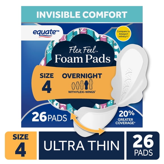 Equate FlexFeel Foam Pads Size 4 Overnight with FlexiWings, Unscented, 26 Count