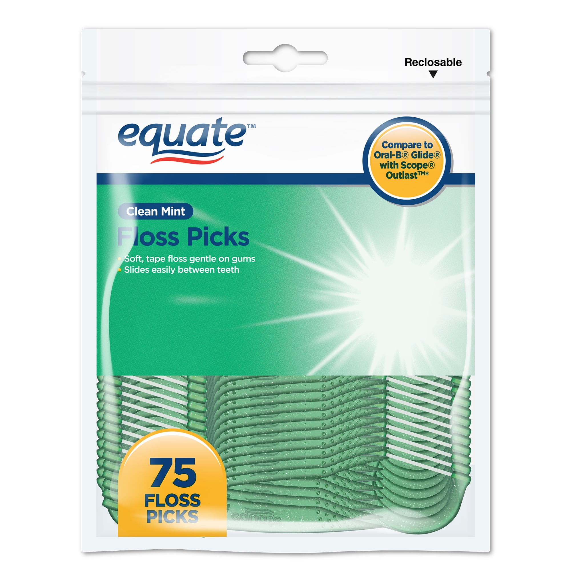Equate Floss Picks Dental Flossers, Clean Mint , Soft Tape Floss, Gentle Cleaning, 75 Count