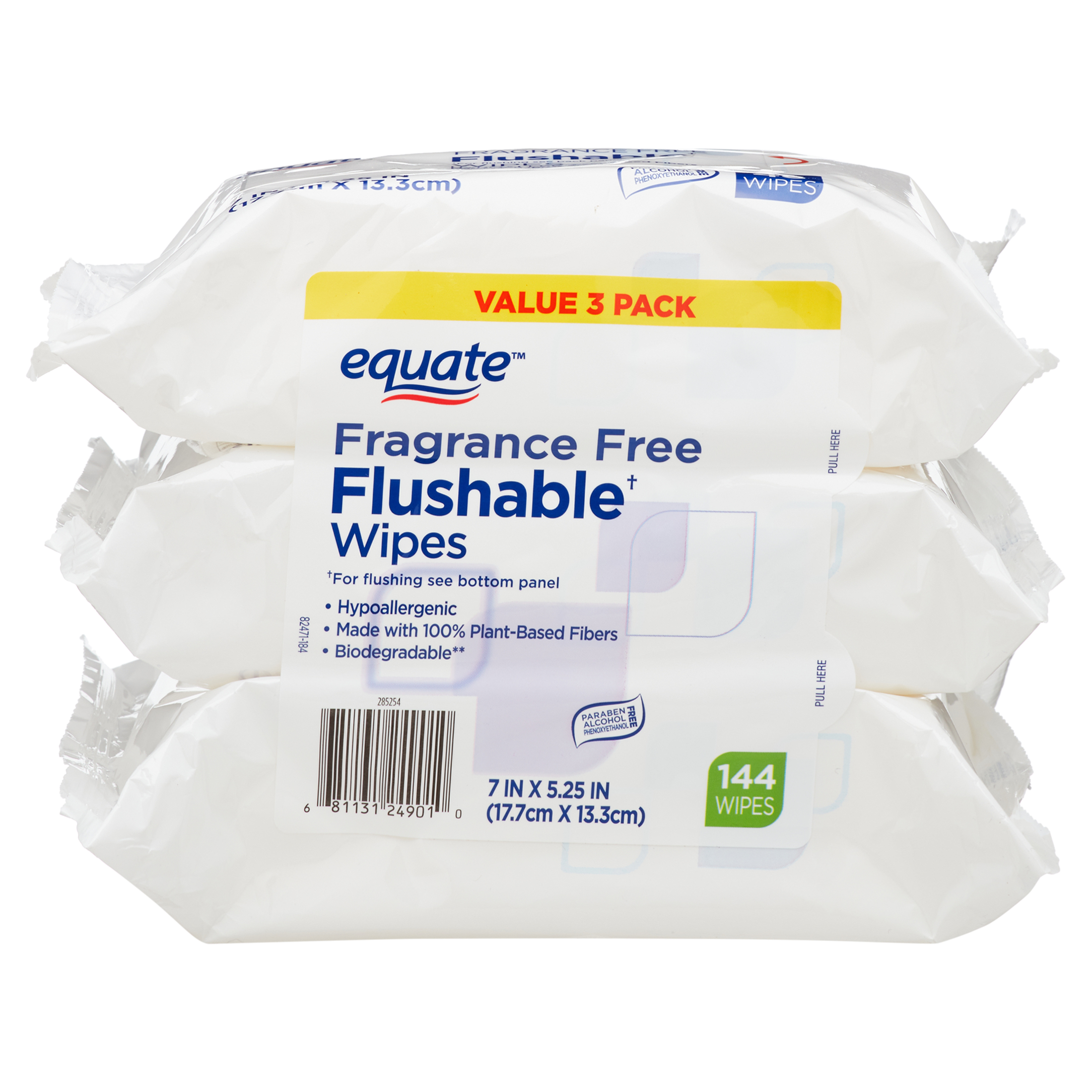 Equate Fragrance Free Flushable Wipes, 3 Resealable Packs (144 Total Wipes) - image 1 of 9