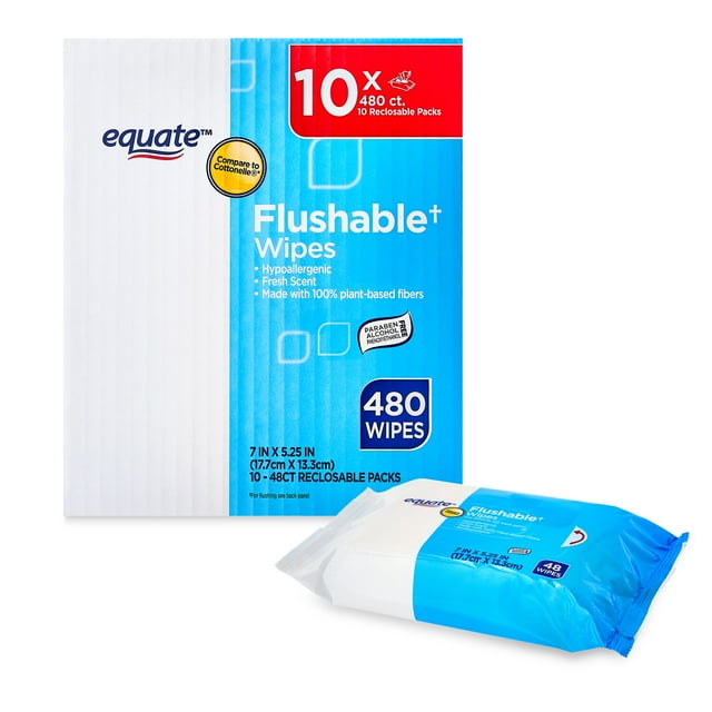 Equate Fresh Scent Flushable Wipes, 10 Resealable Packs of 48 Wipes