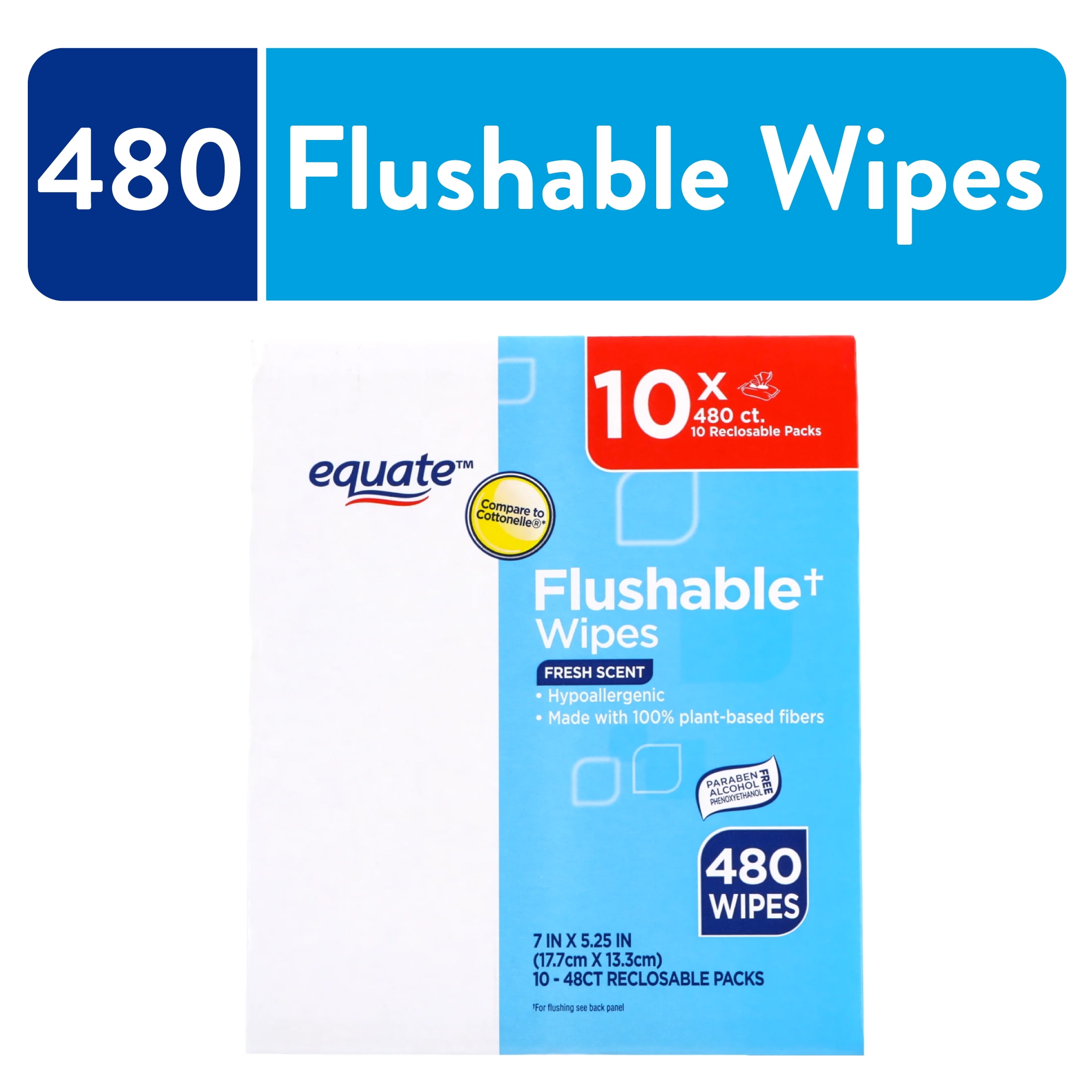 Equate Flushable Wet Wipes, Fresh Scent, 480 Wipes (10 Pack), Compare to Cottonelle
