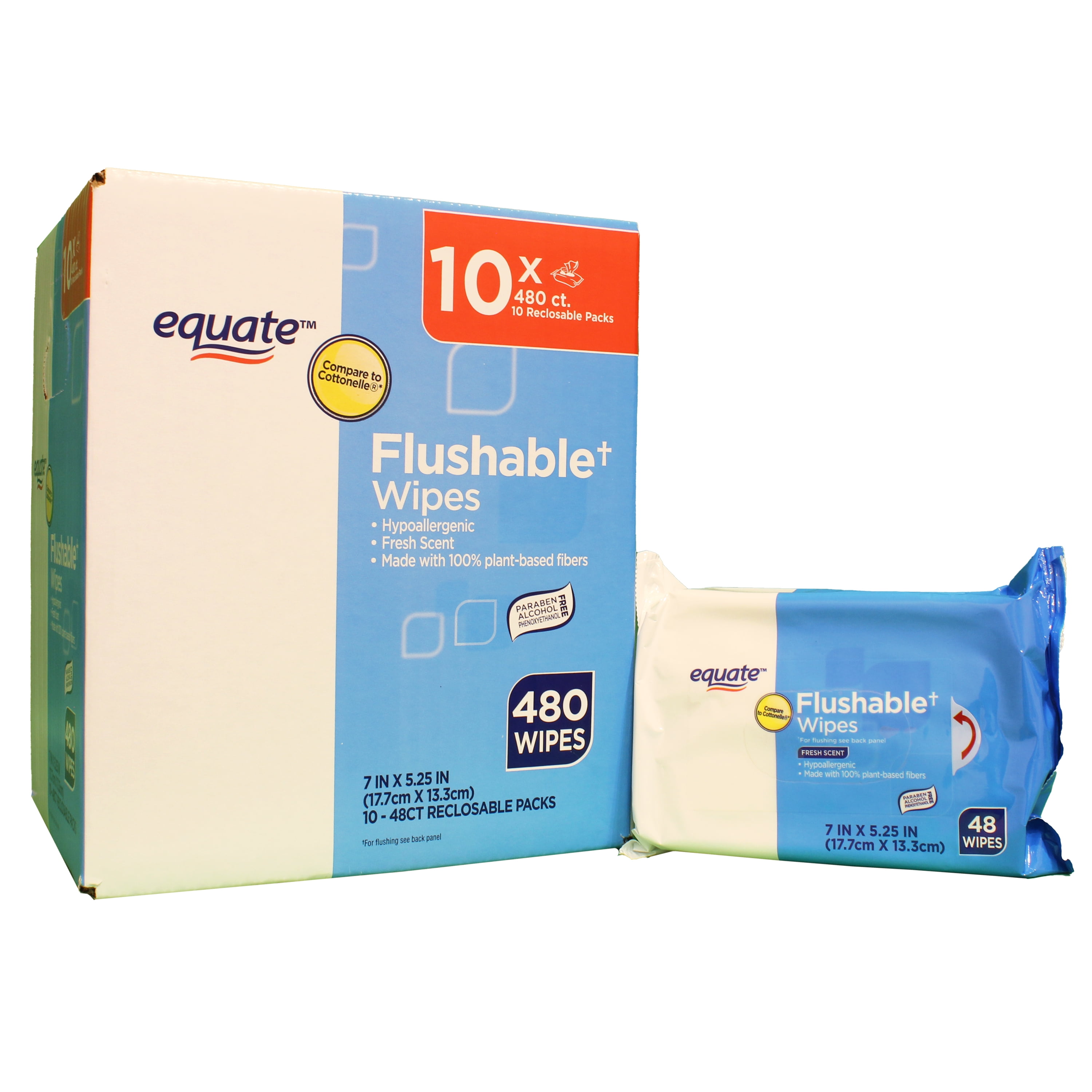 Equate Fresh Scent Flushable Wipes 10 Resealable Packs of 48 Wipes 480 Total Wipes