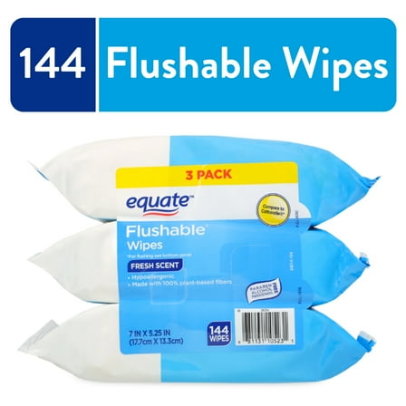 Equate Flushable Wet Wipes, Fresh Scent, 144 Wipes (3 Pack), Compare to Cottonelle®