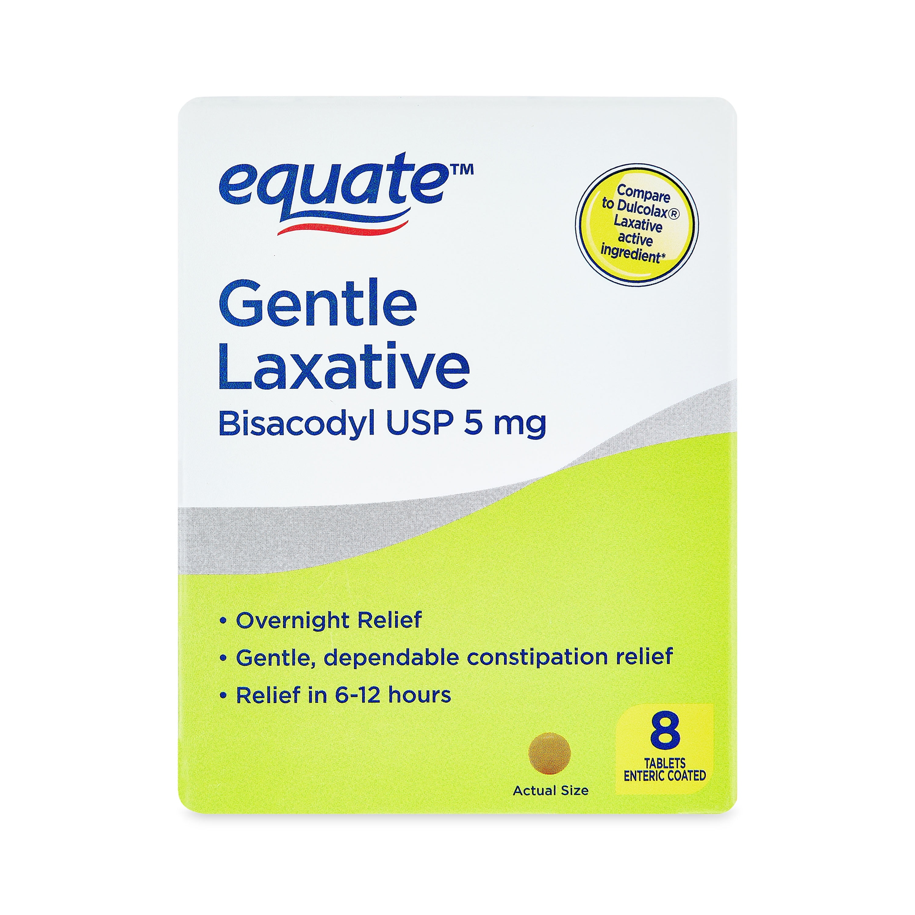 Equate Gentle Laxative Bisacodyl for Adult Constipation, 5mg, 8 Coated Tablets, Unflavored