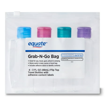 Equate Grab-N-Go Bag of Plastic Travel Bottles for Toiletries, Color May Vary, 3 fl oz (4 Count)