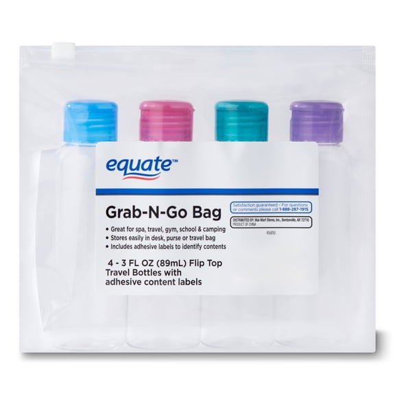 Equate Grab-N-Go Refillable Travel Bottles for Toiletries, Color May Vary, 3 fl oz, 4 Count