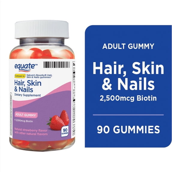 Equate Hair, Skin, and Nails Dietary Supplement for Adults, Biotin 2500mg, 90ct Gummies