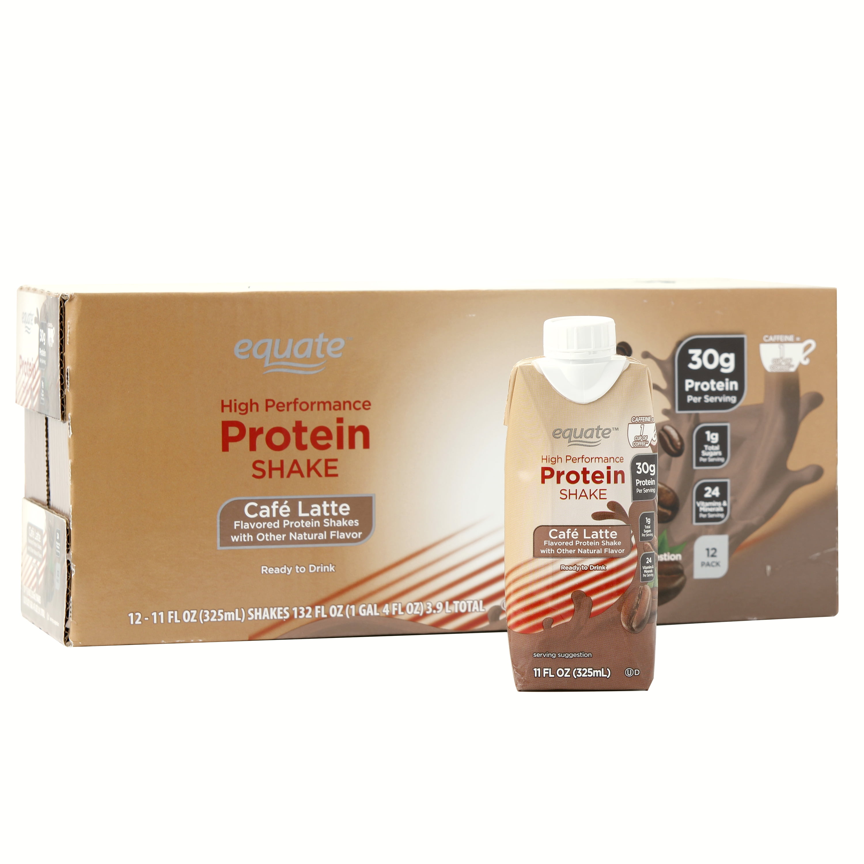 Equate High Performance Protein Shake, Cafe Latte, 11 fl oz, 12 Count